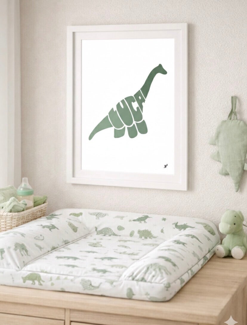 A whimsical illustration of a long-necked Diplodocus with a serene and calm expression. Its body is depicted in soft, sweeping curves, representing peace, harmony, and a dreamy nature.. Seen in Sage Green.
