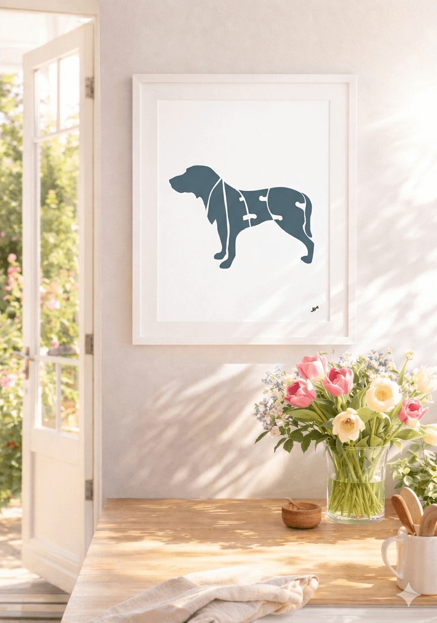 A slate blue silhouette of a standing dog with the name "JESS" integrated into its form. The print is displayed in a sun-drenched kitchen area near an open door to a garden, with a vase of fresh pink and yellow tulips in the foreground.