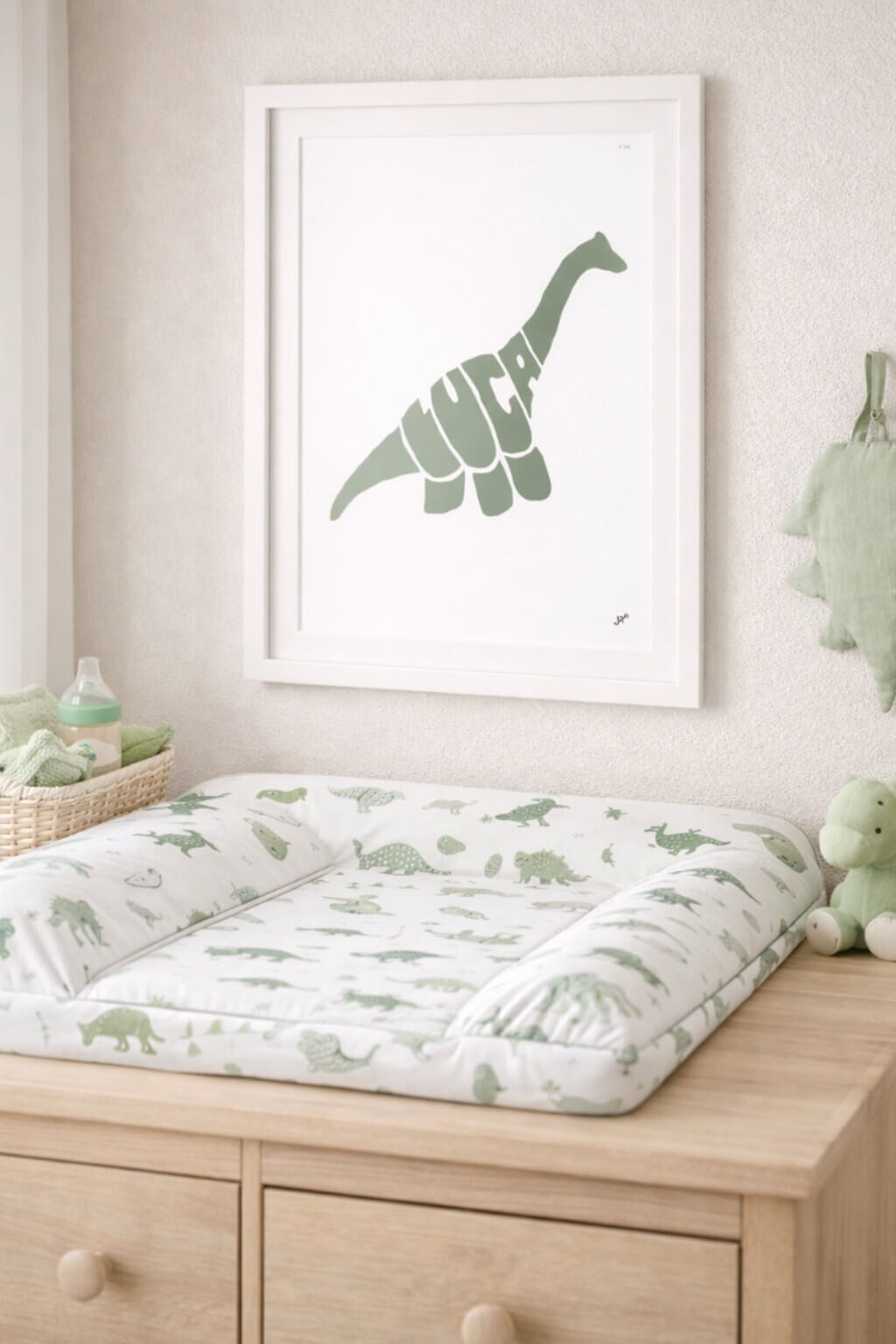 A whimsical illustration of a long-necked Diplodocus with a serene and calm expression. Its body is depicted in soft, sweeping curves, representing peace, harmony, and a dreamy nature.. Seen in Sage Green.