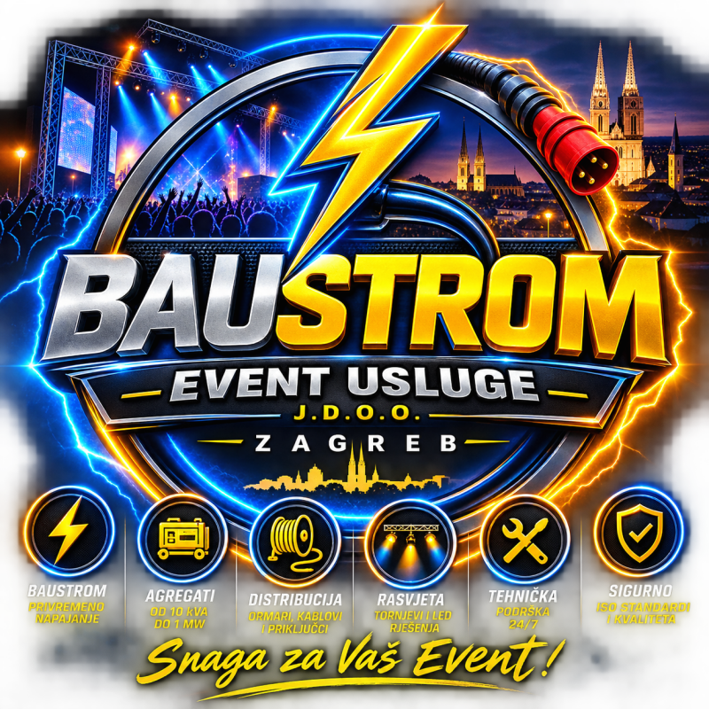 Kontaktirajte Baustrom Event Usluge j.d.o.o. za tehničku produkciju evenata, najam opreme, agregate, razglas, rasvjetu i tehničku podršku diljem Hrvatske. Zatražite ponudu!