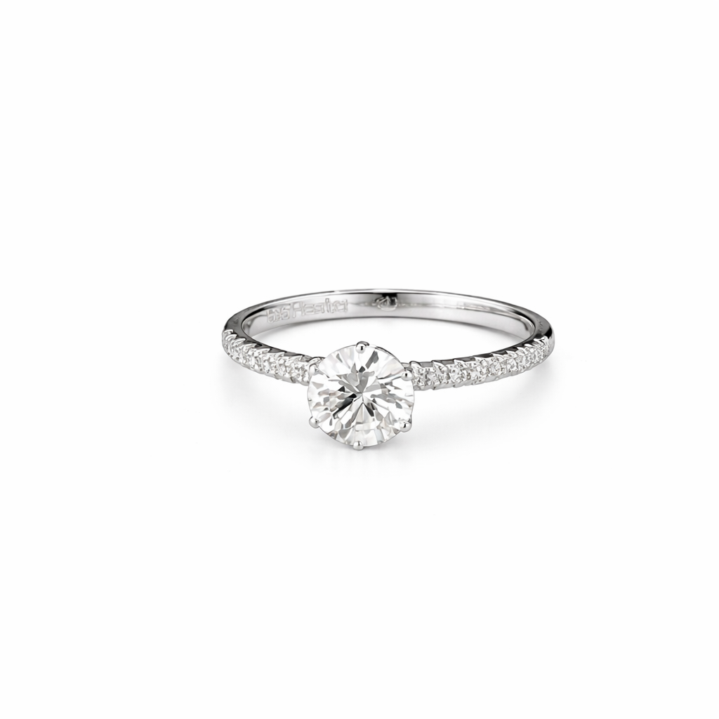 14K White Gold Ring with Round Brilliant Cut Diamond – 1.07 ct Center | 0.04 ct Side Stones | D–E Color | VVS1 | 1.89 grams