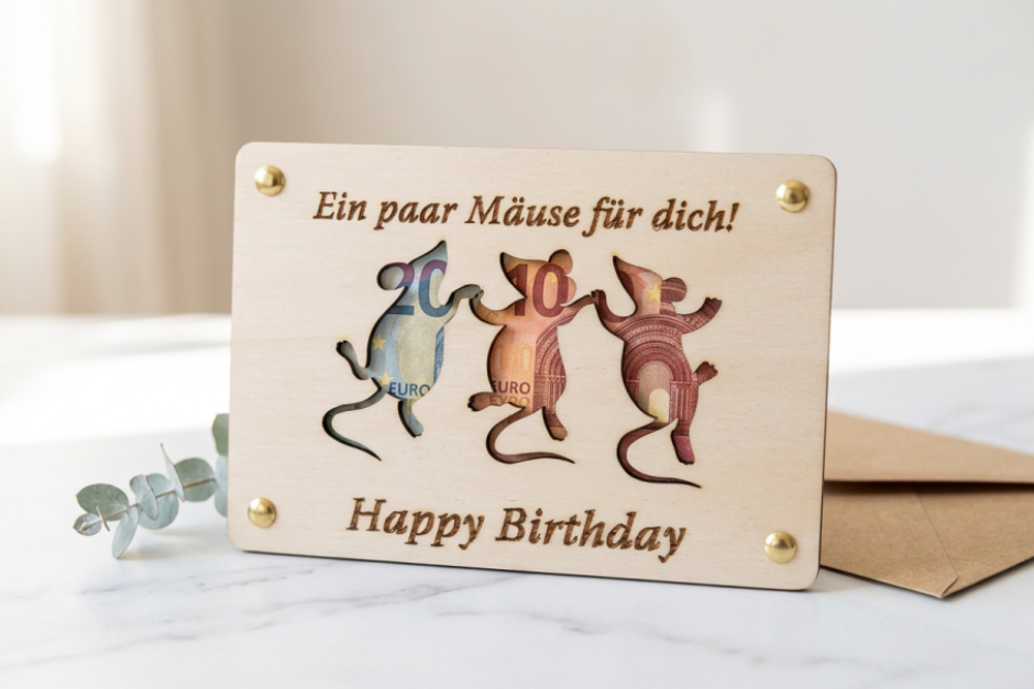 Holzkarte als Geldgeschenk " Ein paar Mäuse für Dich "