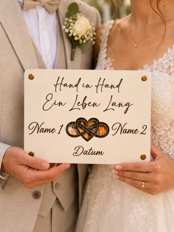 Personalisiertes Hochzeitsschild aus Holz mit Metallständer