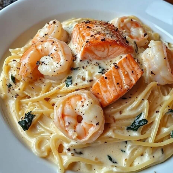 Pasta med reker og rød fisk i kremet ostesaus med parmesan