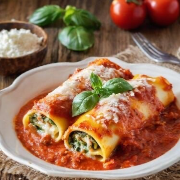 Cannelloni med ost og spinat i bolognesesaus