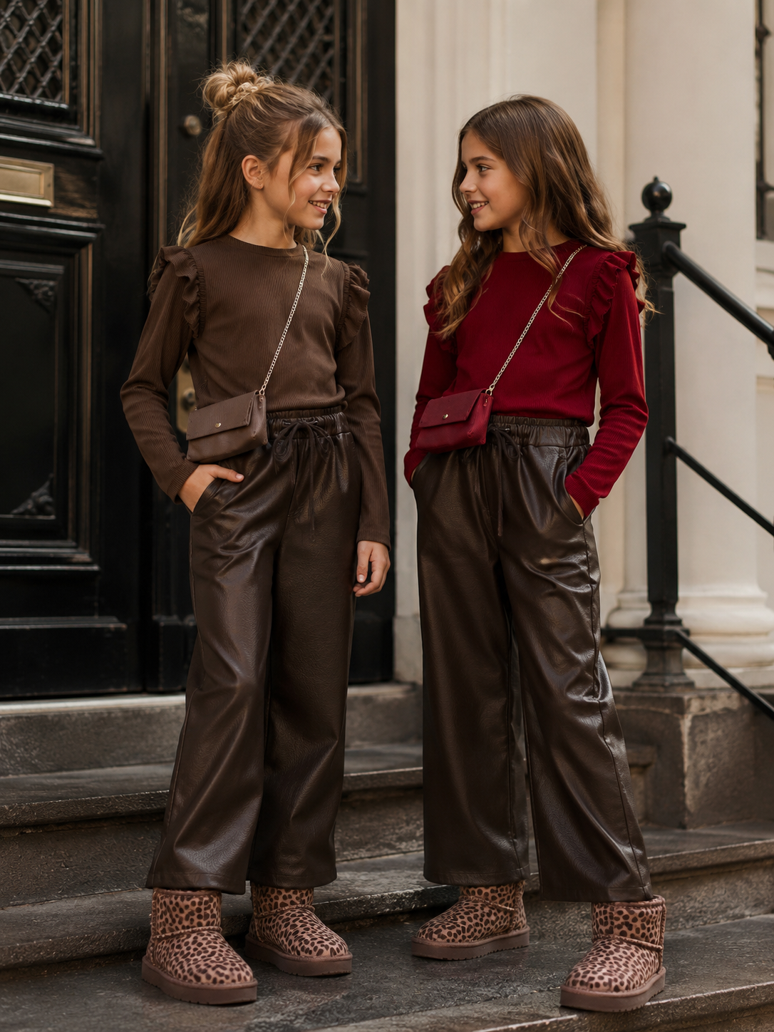 Longsleeve met ruffle en bijpassend tasje bordeaux en bruin