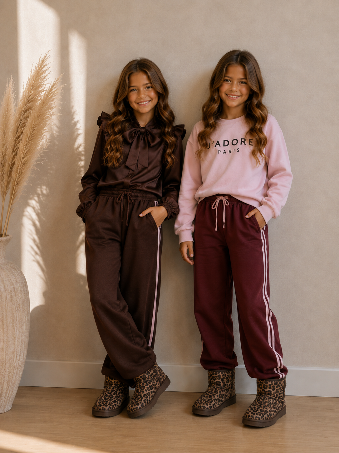 Broek streep bruin of bordeaux met roze streep