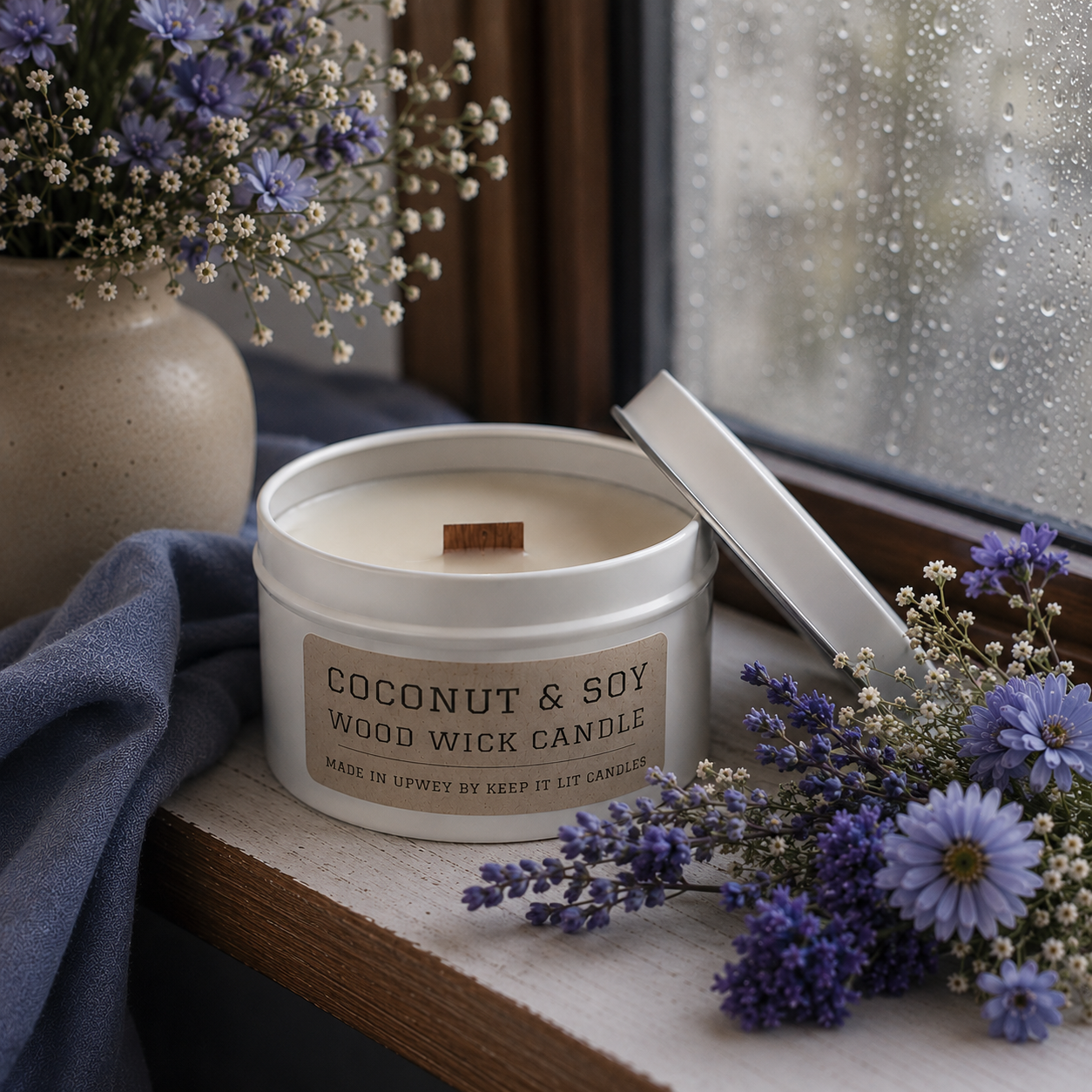 Indigo rain small wood wick candle