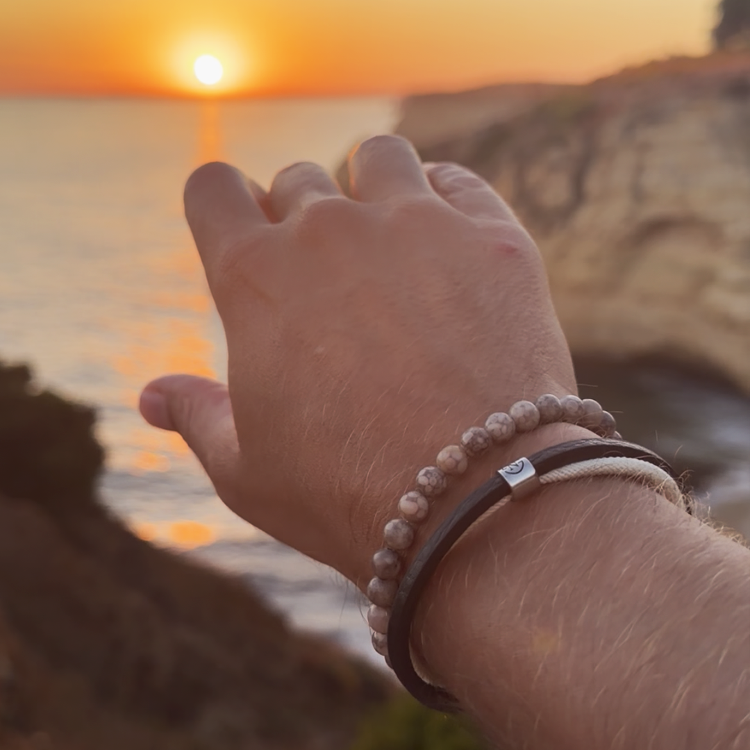 Leren Touw Armband Stone Nature | Bruin Offwhite