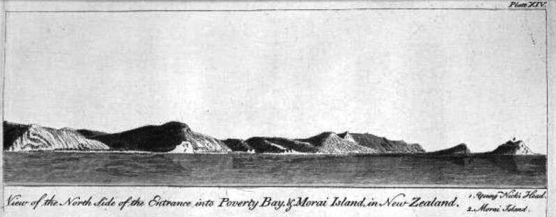 Captain James Cook's artist Sydney Parkinson sketched this view of the Poverty Bay coastline in 1769 which clearly shows the two islands off Sponge Bay.
