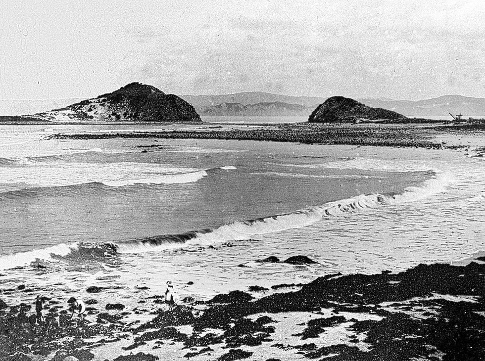 A family fossicks amongst the rocks between Sponge Bay and the two islands that existed at the northern entrance to Poverty Bay prior to the mining of the rock of the smaller island for reclamation work at the Gisborne harbour in the 1890s.