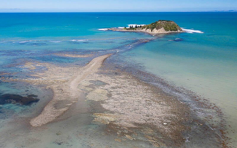 A recent view of Tuamotu reveals the footprint of what was once a second island that was mined for its rock which was used as landfiull in the construction of the Gisborne harbour diversion wall.