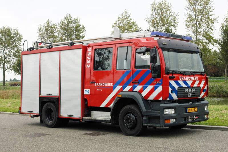 Kenteken: BN-HL-87 Roepnummer: 55-732 > 10-5038 Type voertuig: TS. LD3250 HD240 T1500 Merk &amp; Type: MAN 14.255LLLF[M2000-City] Opbouw: HDS-Godiva Bouwjaar: 2003 In dienst: 2003 Uit dienst: 2015 Opmerkingen: Naar brandweer Texel, korps den Burg.