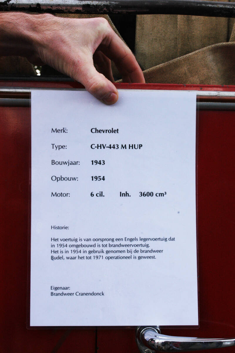 Kenteken: NV-29-09 Type voertuig: PM8 Merk &amp; Type: Chevrolet C8A[HUP] Opbouw: Remmers Bouwjaar: 1943 In dienst: 1954 Uit dienst: 1976. Opmerkingen: Museumobject bezit brandweer.