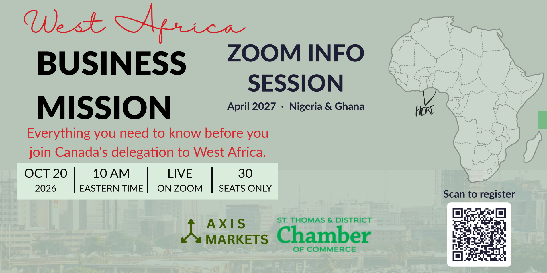 West Africa Business Mission Zoom info session, October 20, 2026, 10 AM Eastern, hosted by Axis Markets and the St. Thomas & District Chamber of Commerce.