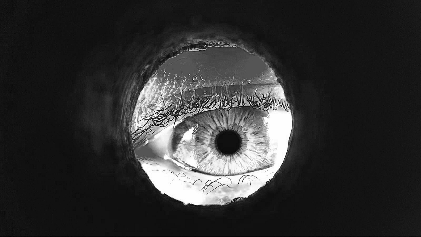Persona osserva attraverso una piccola apertura, immagine in bianco e nero sul tema del riconoscimento e dell'autenticità.