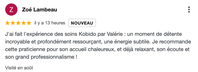 Avis Google sur une séance de Kobido à Bordeaux avec Valérie Calmès