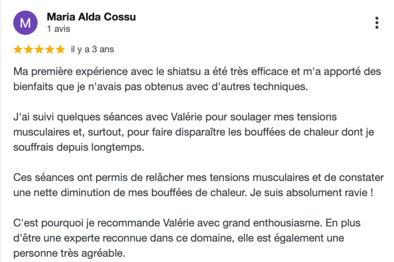 Avis Google sur le Shiatsu – tensions musculaires et bouffées de chaleur