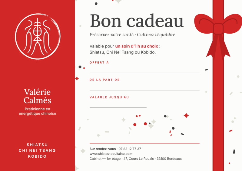 Bon cadeau Shiatsu à Bordeaux : un soin d'1 h au choix offert par Valérie Calmès