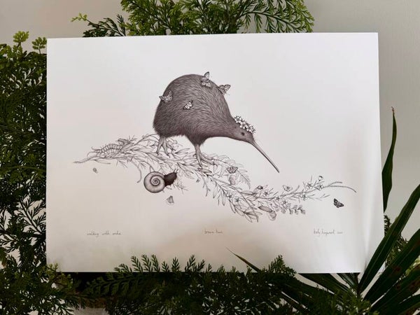 ‘Walking with aroha’, Brown Kiwi, Limited edition print.