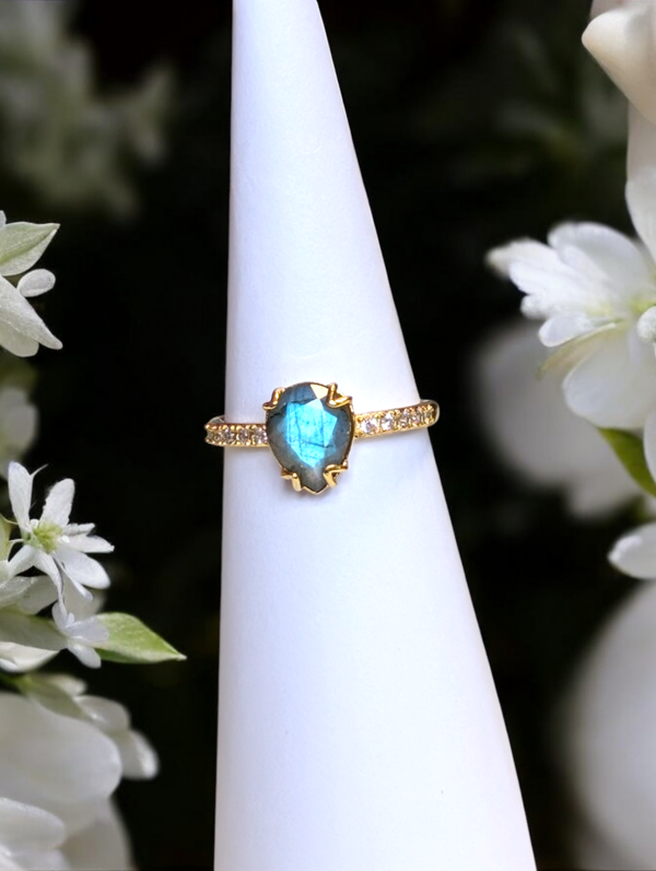 Bague en argent 925 plaqué or réglable labradorite
