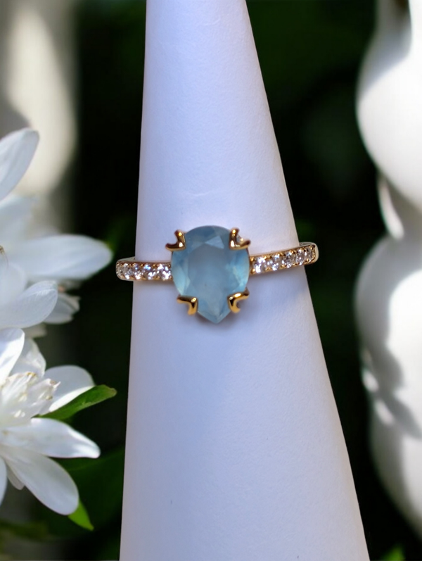 Bague en argent 925 plaqué or réglable aigue marine