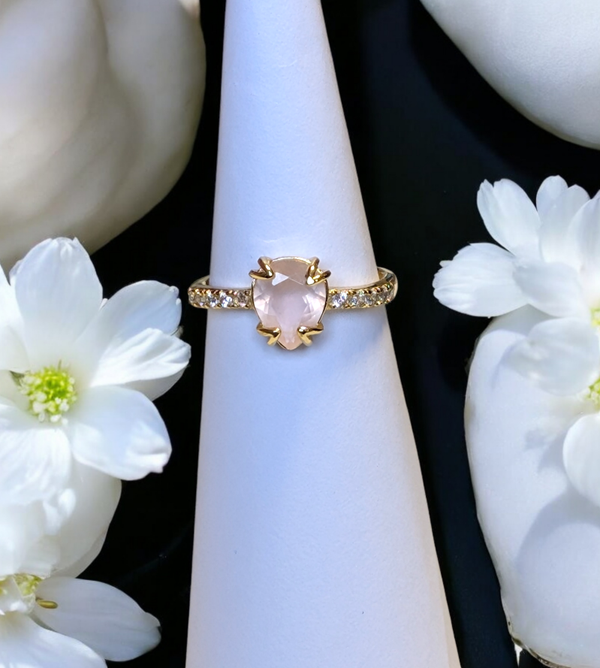 Bague en argent 925 plaqué or réglable quartz rose