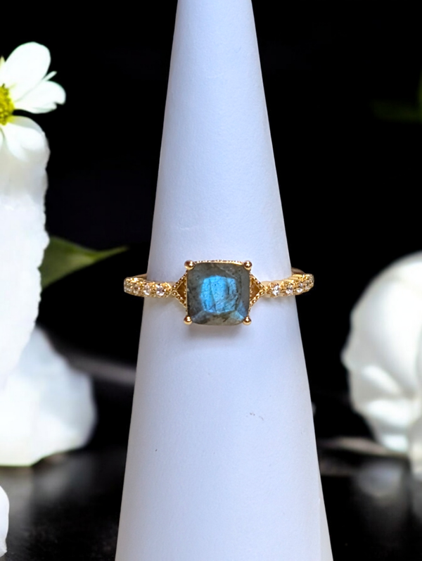 Bague en argent 925 plaqué or réglable labradorite carré