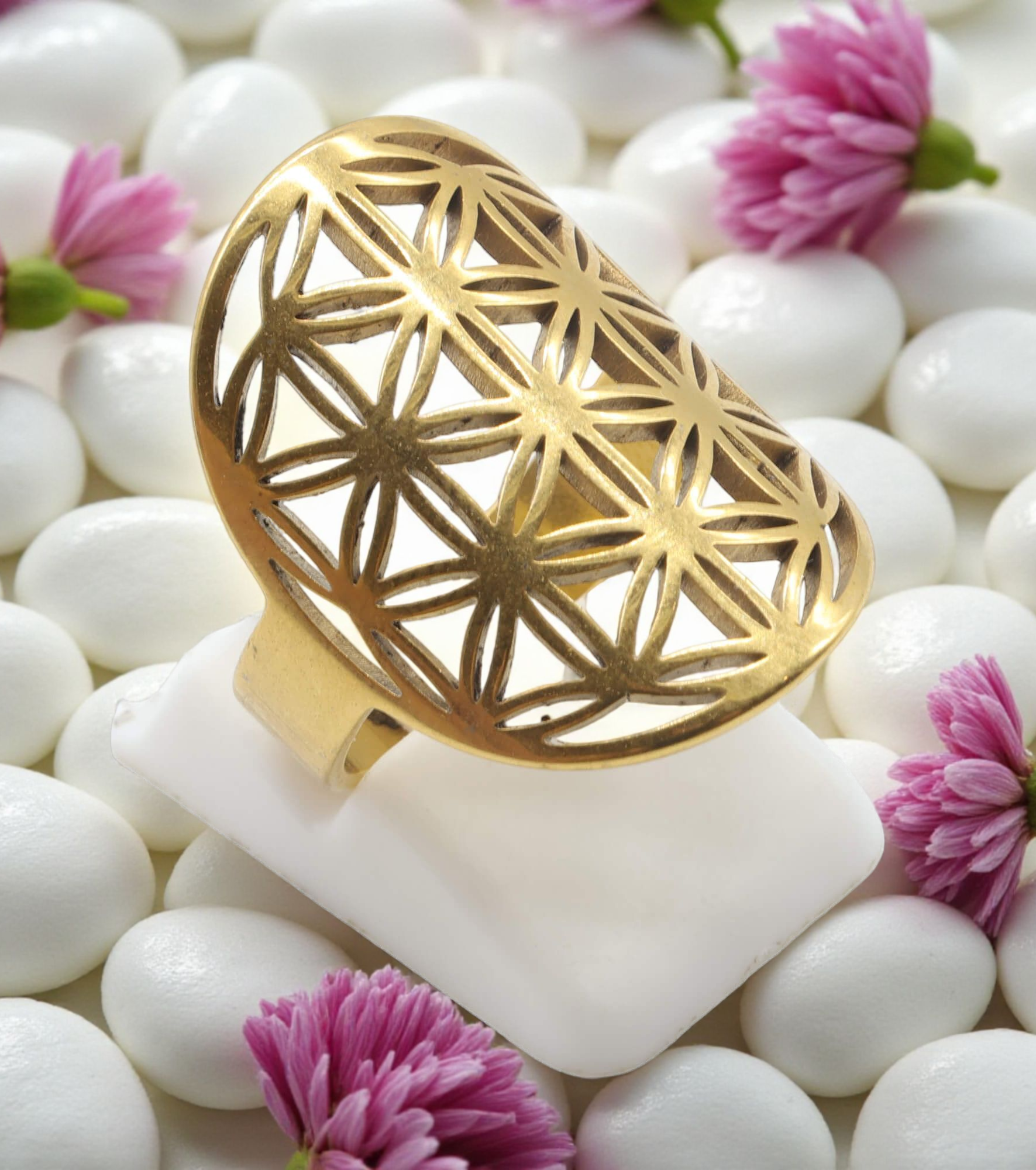 Bague réglable en acier inoxydable fleur de vie