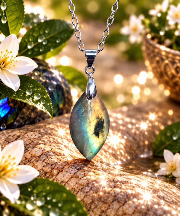 Pendentif en labradorite sur chaîne en acier inoxydable N°18