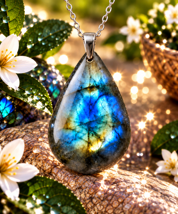 Pendentif en labradorite sur chaîne en acier inoxydable N°1