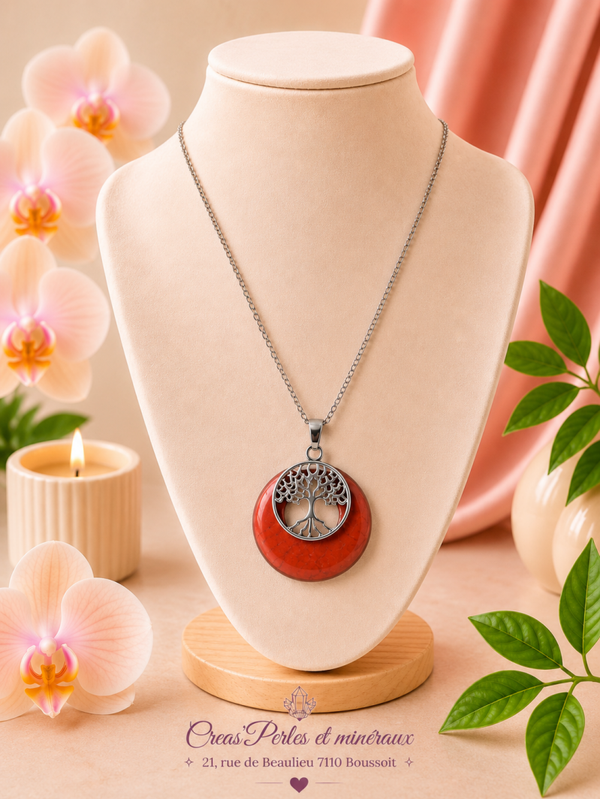 Pendentif arbre médaille jaspe rouge + chaîne en acier inoxydable