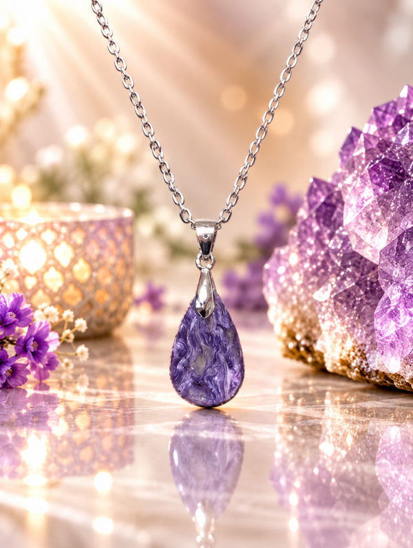 Pendentif en charoïte AA sur chaîne en acier inoxydable n°3