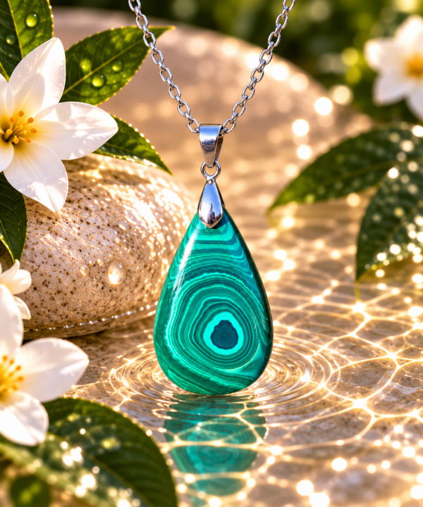 Pendentif Malachite AA sur chaîne en acier inoxydable N°9