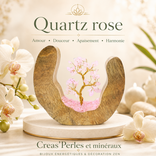 Arbre du bonheur sur bois en quartz rose