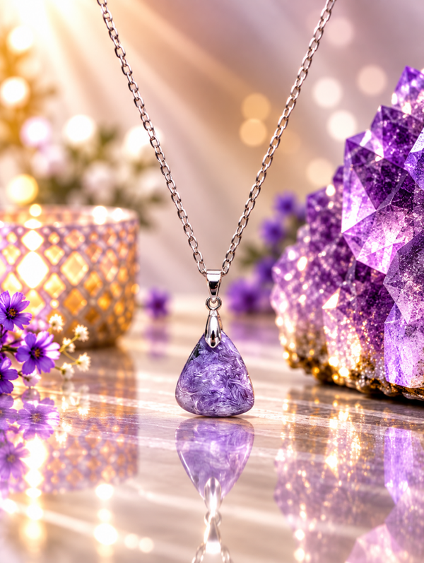 Pendentif en charoïte AA sur chaîne en acier inoxydable n°11