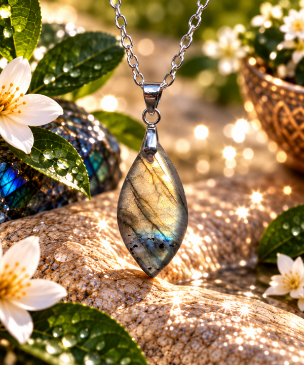 Pendentif en labradorite sur chaîne en acier inoxydable N°12