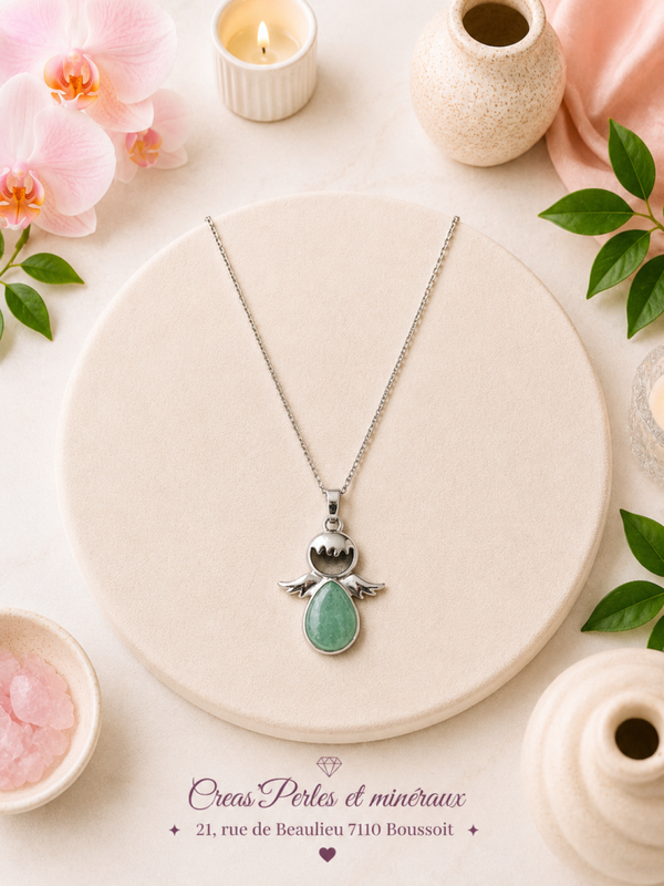 Pendentif ange 30mm  aventurine A + chaîne en acier inoxydable