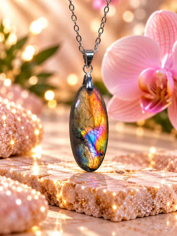 Pendentif en labradorite spectrolite sur chaîne en acier inoxydable N°10