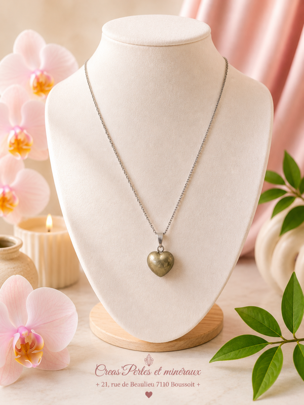 Pendentif coeur 15mm pyrite A + chaine en acier inoxydable
