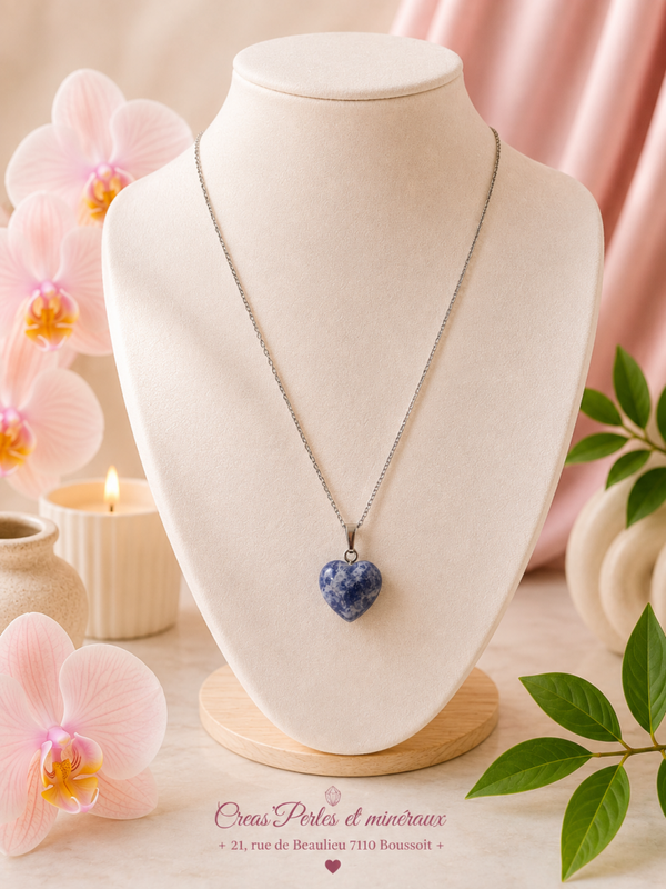 Pendentif coeur 15mm sodalite A+ + chaine en acier inoxydable