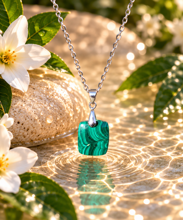 Pendentif Malachite AA sur chaîne en acier inoxydable N°3