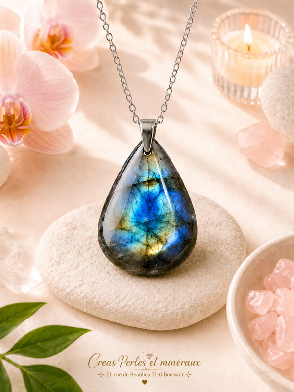 Pendentif en labradorite sur chaîne en acier inoxydable N°1