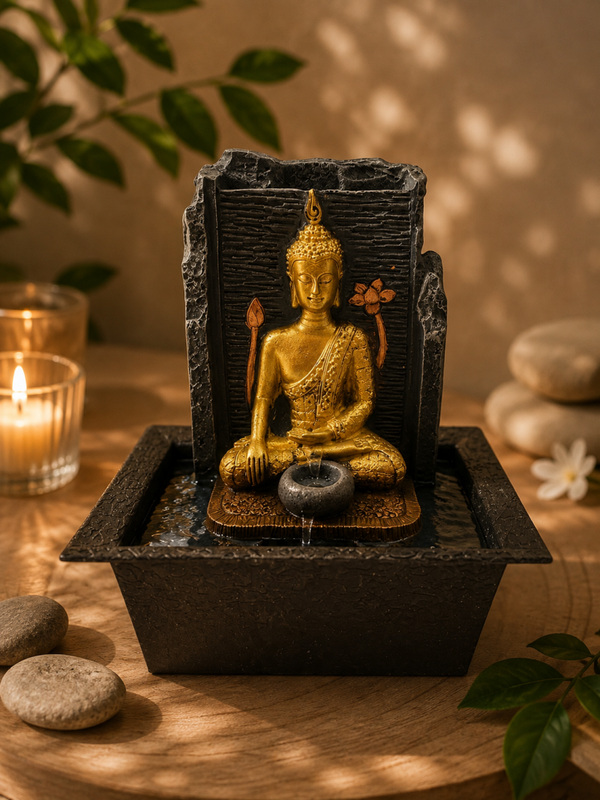 Fontaine Résine Bouddha Thaï Doré 22cm