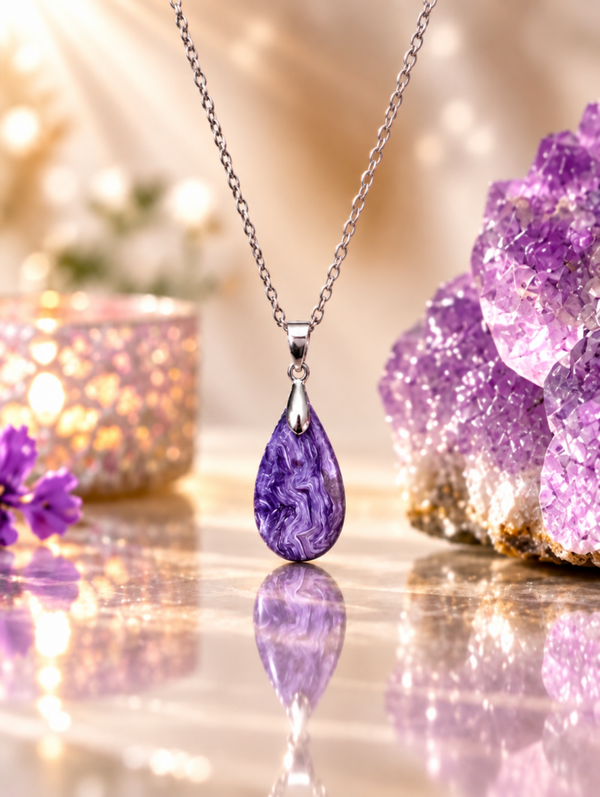 Pendentif en charoïte AA sur chaîne en acier inoxydable n°1