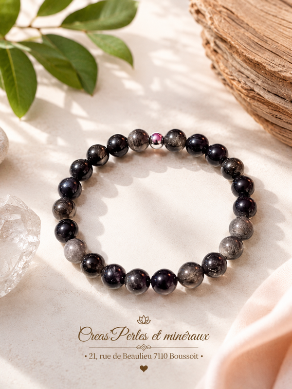 Bracelet en obsidienne argentée AA
