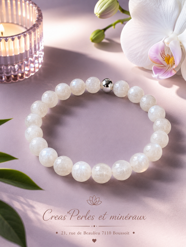 Bracelet en pierre de lune blanche (peristerite) A+