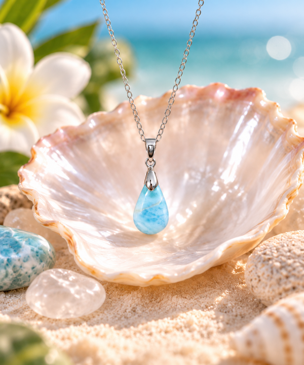 Pendentif en larimar sur chaîne en acier inoxydable N°5