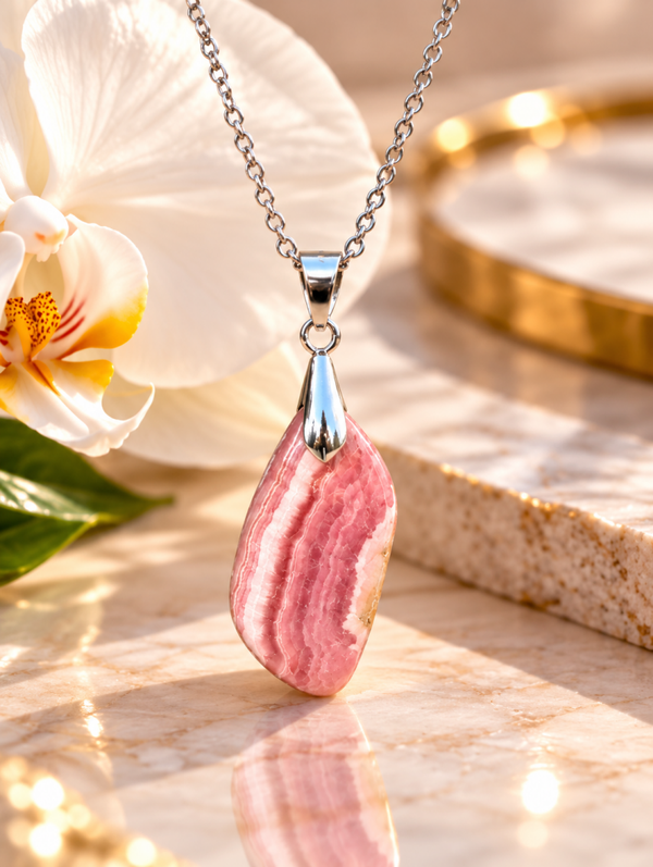Pendentif en rhodochrosite sur chaîne en acier inoxydable n°1