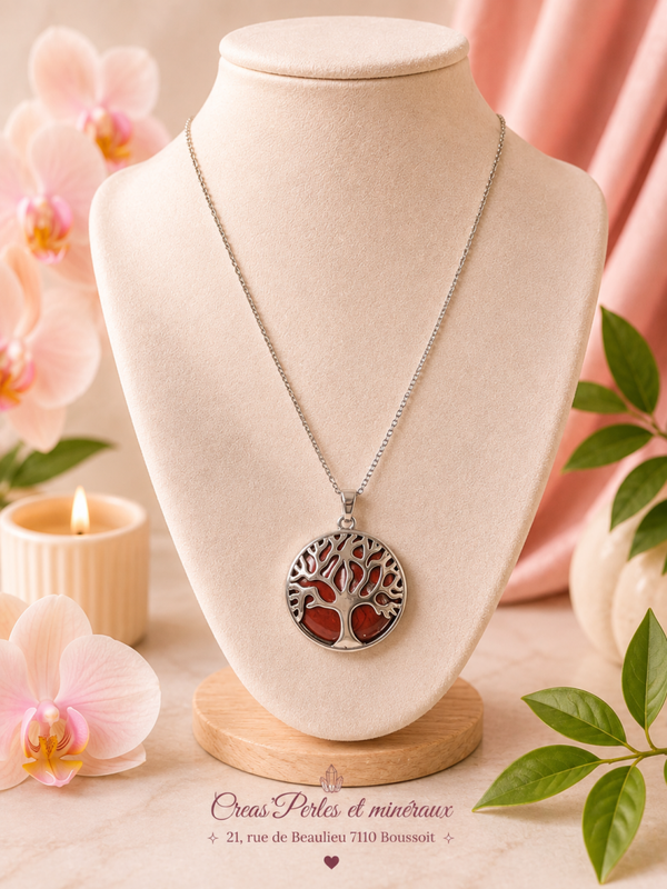 Pendentif arbre complet jaspe rouge + chaîne en acier inoxydable